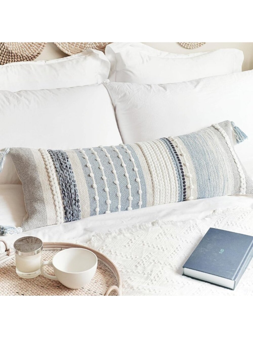 Coastal Blue Boho Lumbar Pillow Cover 14x36 | Farmhouse Body Pillowcase for